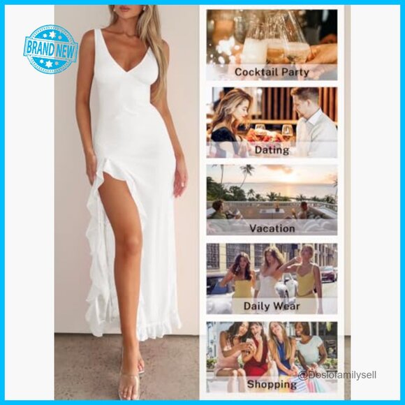 Sexy V Neck Backless Mesh Ruffle Hem Bodycon Maxi Dress Elegant Party - Picture 4 of 5